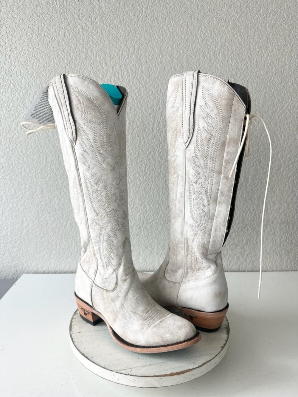 Lane MONICA Knee High White Cowboy Boots Western Cowgirl Lace Up Tall Womens 8.5